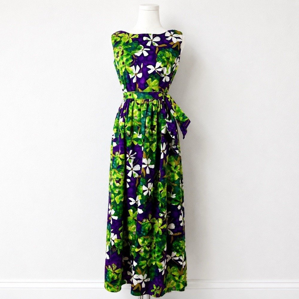 Vintage 60s Hawaiian Barkcloth Dress 2-Piece Tiki Purple Sarong XS‎ S Resort Set